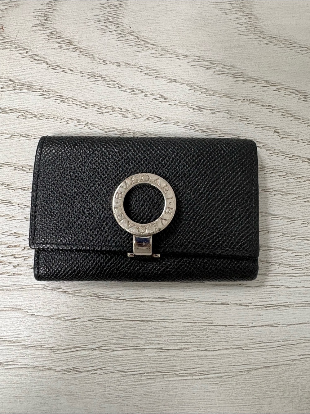 Bvlgari Black Textured Leather Key Pouch with Silver Ring Hardware